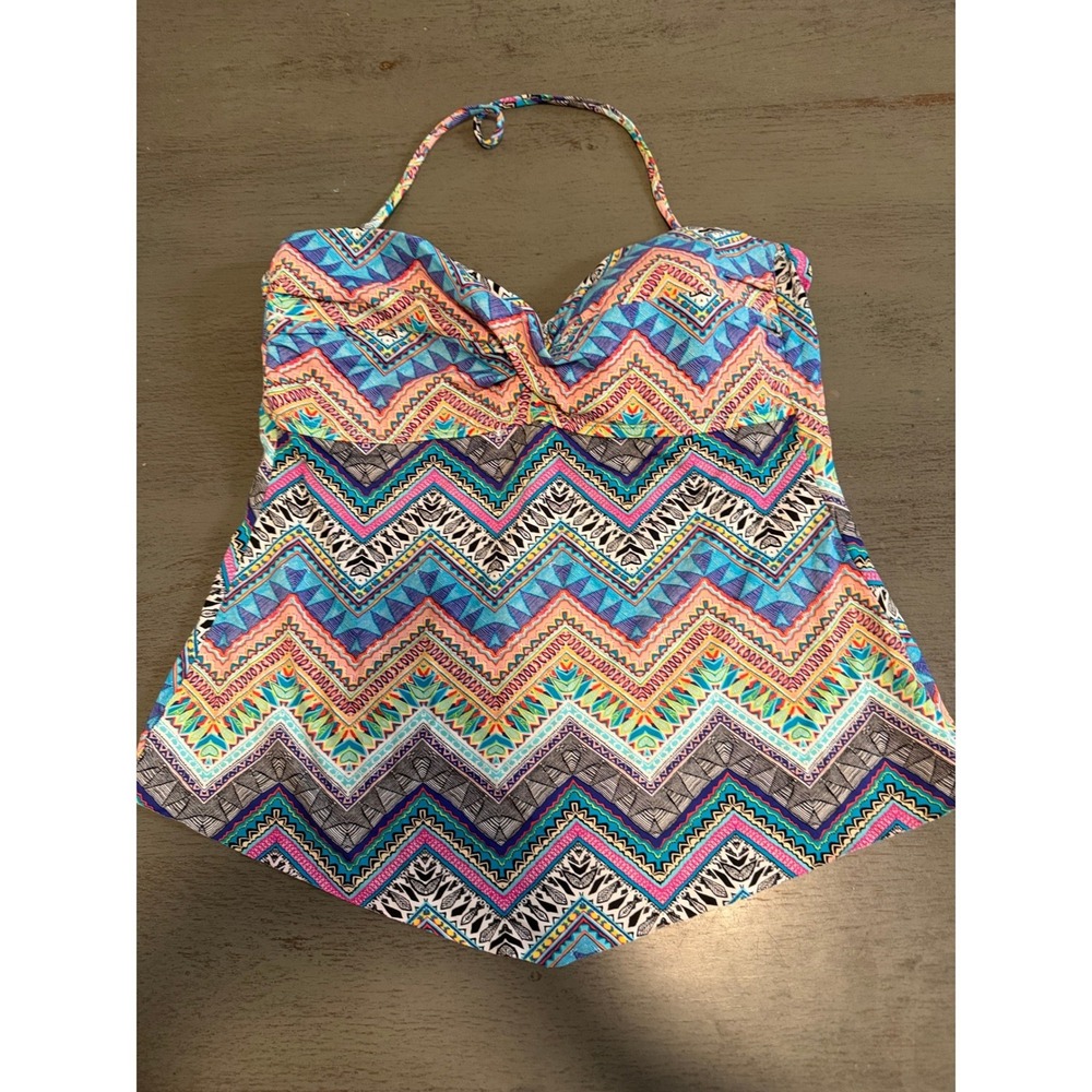 Liz Claiborne Geometric Chevron Tankini Swim Top Multicolor Halter Size 14